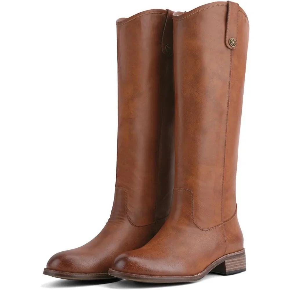 Women's Caramel Round Toe Chunky Heel Faux Suede Tall Knee High Boots Rubber